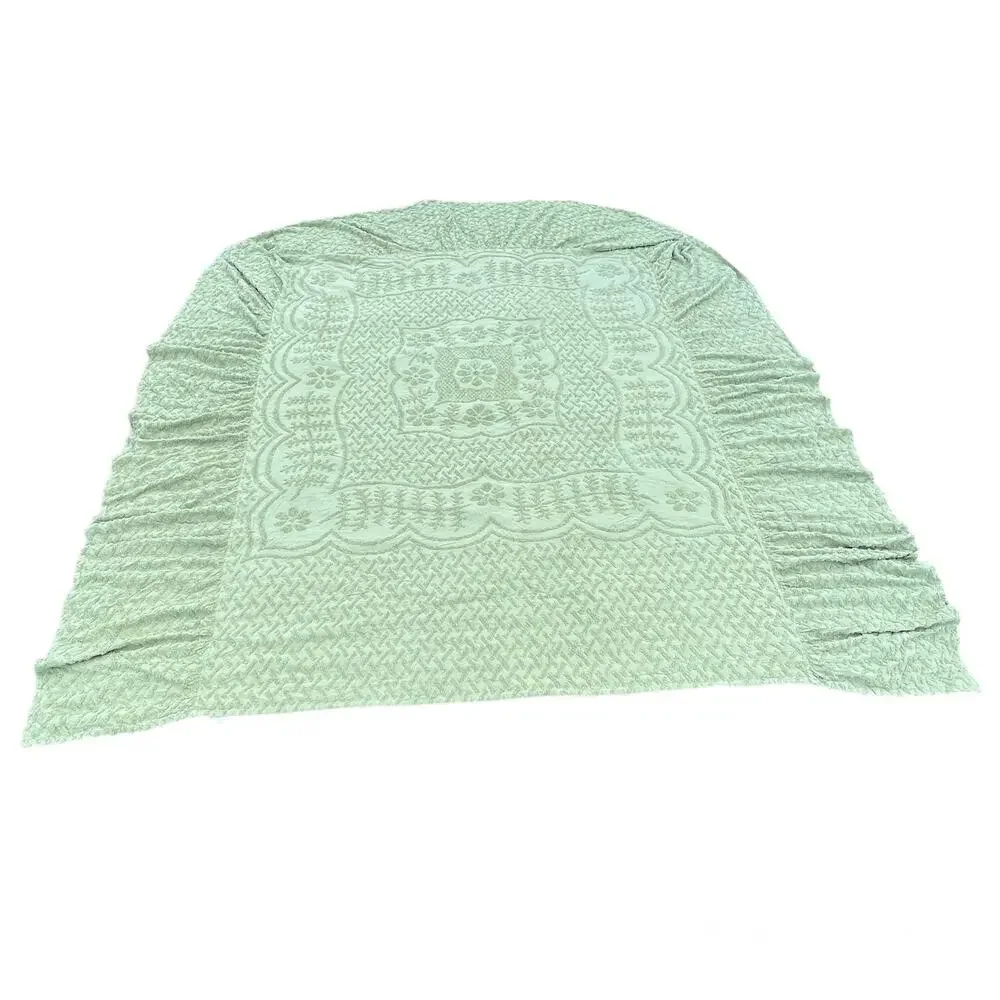 Vintage Chenille Bedspread Green King Size Upcycling Textile Cotton
